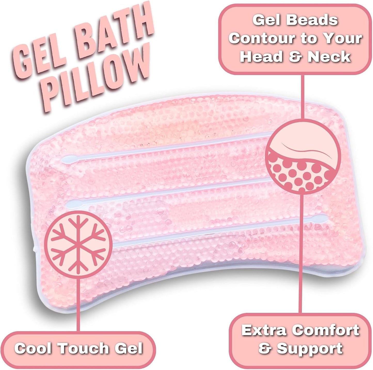 Pink Cooling Gel Bath Pillow | Head &amp; Neck Support for Soothing Baths | Relax in Comfort, Fits Every Tub, Secure Grip