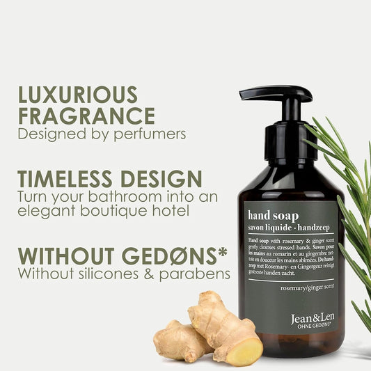 Jean &amp; Len hand soap Rosemary &amp; Ginger, cleanses stressed hands, for daily use, liquid soap in refillable pump dispenser, without parabens &amp; silicones, 250 ml
