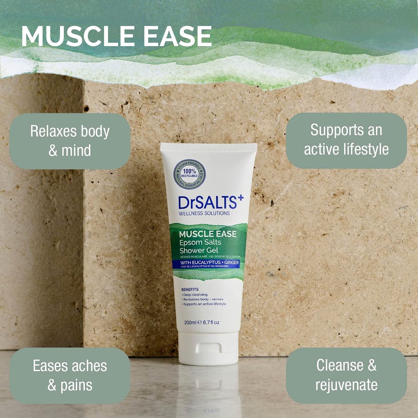 DrSALTS+ Muscle Ease Shower Gel - Soothing Epsom Salts to Relieve Strains, Pain &amp; Stiffness with Eucalyptus &amp; Ginger Essential Oils - Vegan &amp; Cruelty-Free, 200ml