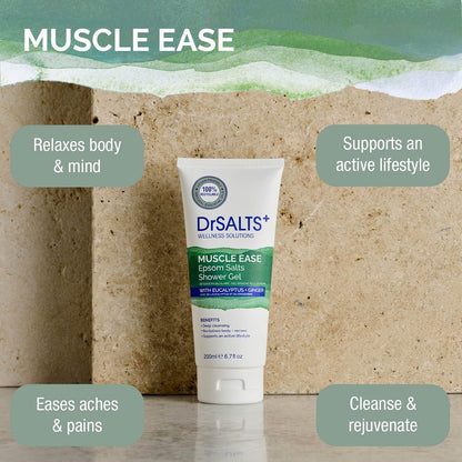 DrSALTS+ Muscle Ease Shower Gel - Soothing Epsom Salts to Relieve Strains, Pain &amp; Stiffness with Eucalyptus &amp; Ginger Essential Oils - Vegan &amp; Cruelty-Free, 200ml