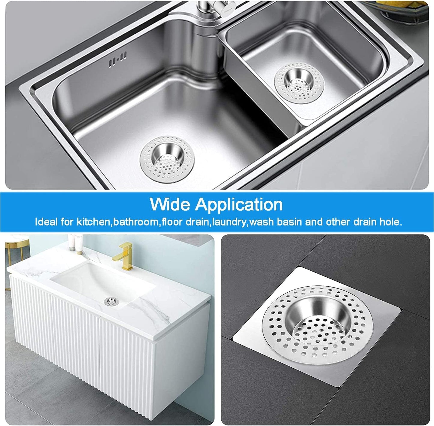 Set of 2 Stainless Steel Sink Strainer Plug, Drain Protector for Kitchen, Bathroom, and Shower - Hair/Food Catcher (7.5cm Outer Diameter, 3.6cm Inner Diameter)
