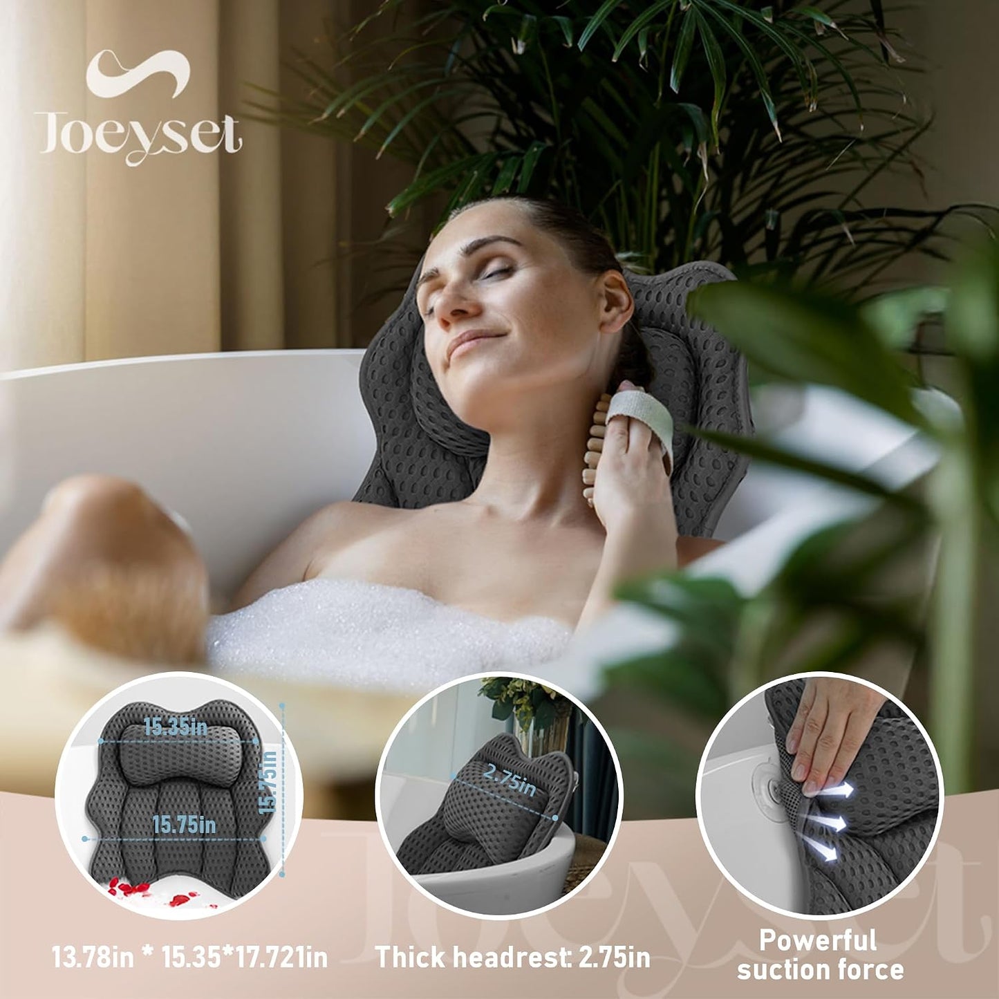 Luxury Bathtub Pillow, 4D Air Mesh Fabric for Breathability &amp; Quick-Drying, Extra Thick Spa Cushion for Head, Neck, Back Support, Non-Slip Tub Pillow with Strong Suction Cups (Gray)