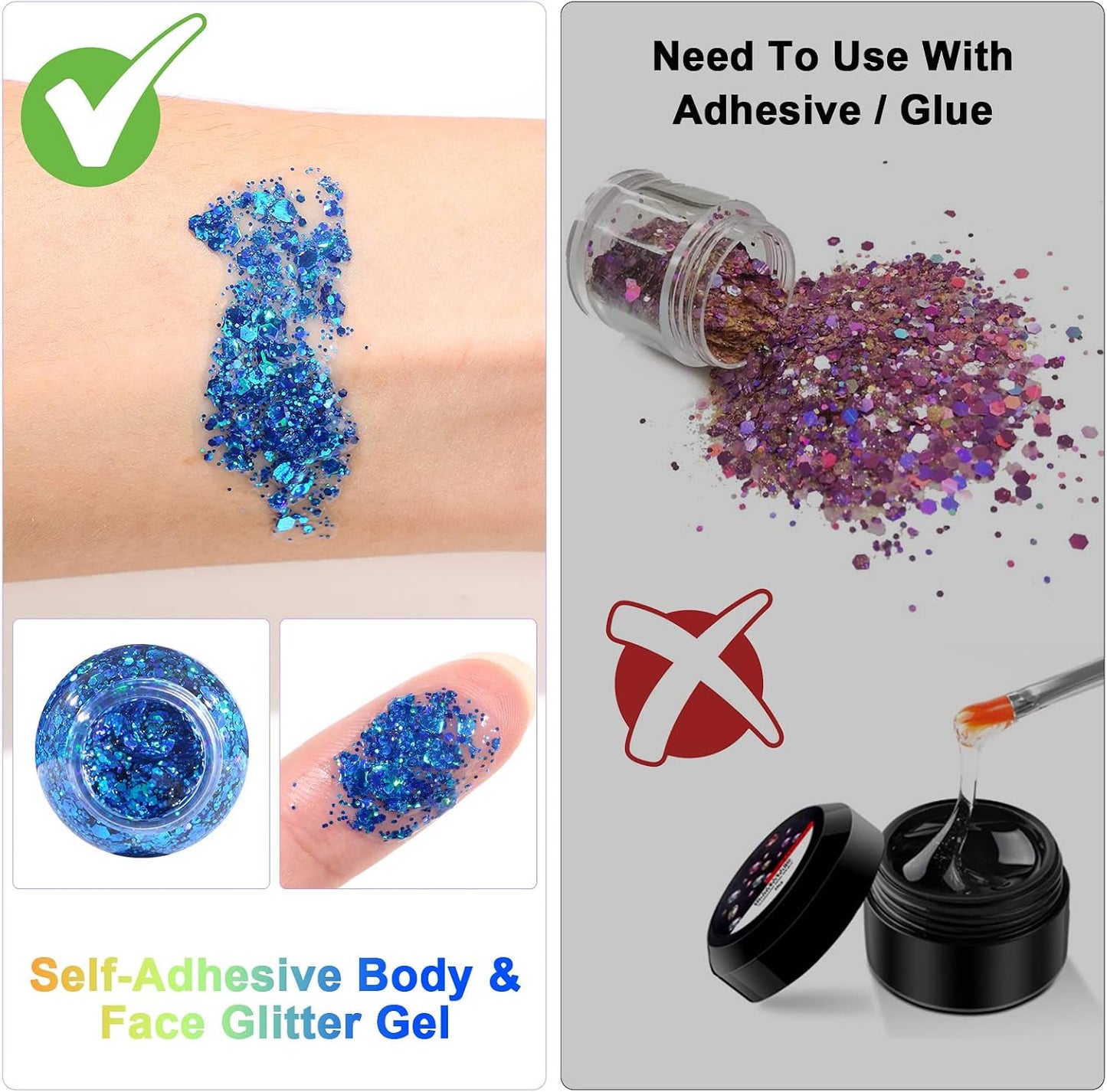 URAQT Mermaid Sequins Glitter Gel, 50ml Holographic Face &amp; Body Gel, Sparkling Festival Party Lotion for Face, Body, Eye, Hair, Nail DIY Art (Blue)