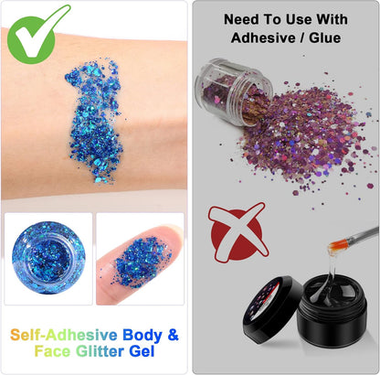 URAQT Mermaid Sequins Glitter Gel, 50ml Holographic Face &amp; Body Gel, Sparkling Festival Party Lotion for Face, Body, Eye, Hair, Nail DIY Art (Blue)