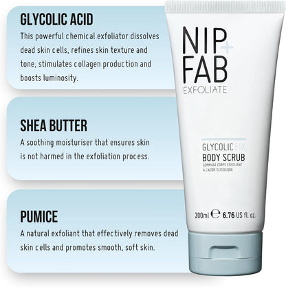 Nip + Fab Glycolic Fix Body Scrub, Made in the UK, Exfoliating Treatment with Glycolic Acid, 6.76 oz (200 ml), Smooths and Refines Skin, Ideal for Rough and Bumpy Skin, For Radiant Skin