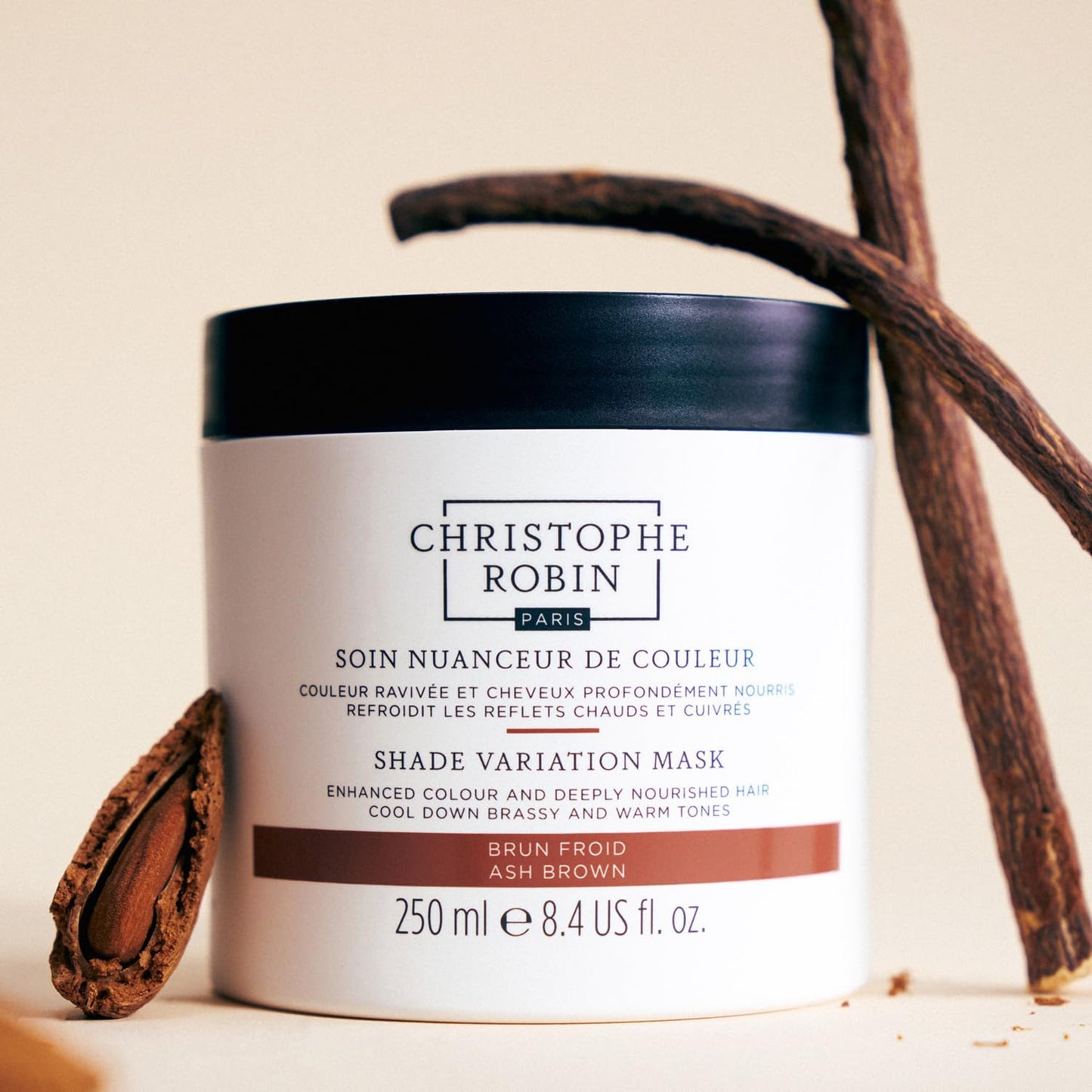 Christophe Robin Shade Variation Mask - Ash Brown 250ml – Deep Conditioning treatment for Brown hair - Instantly Neutralises Brassiness &amp; Red Tones for Cool, 96% Natural Ingredients