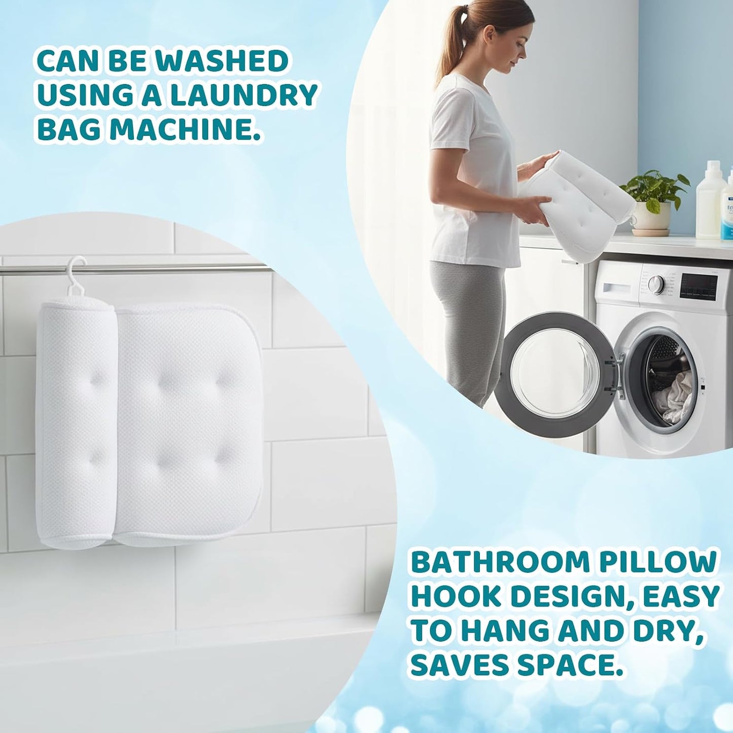 Bath Pillows for Head and Neck, Waterproof Bath Cushion with 6 Suction Cups, Soft Bathtub Pillow for Relaxing Bath, Fits Most Bathtubs (33x30x8.5 cm)