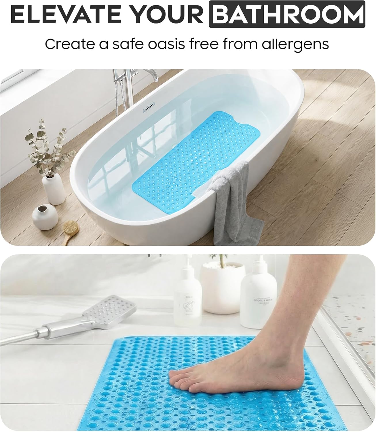 ADOV Bath Mat Non Slip, 100 x 40 cm Extra Long Shower Mat Anti Mould, Bathroom Bathtub Mats for Tub, 200 Strong Suction Cups and Drain Holes, Mildew Resistant Machine Washable Bathroom Kids Mat