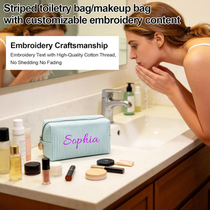 Personalised Stripe Makeup Bag, Custom Embroidered Name Cosmetic Bag, Portable Travel Toiletry Bag, Monogrammed Wash Bag, Gift for Women Bridesmaid Birthday Mother's Day (Pink)