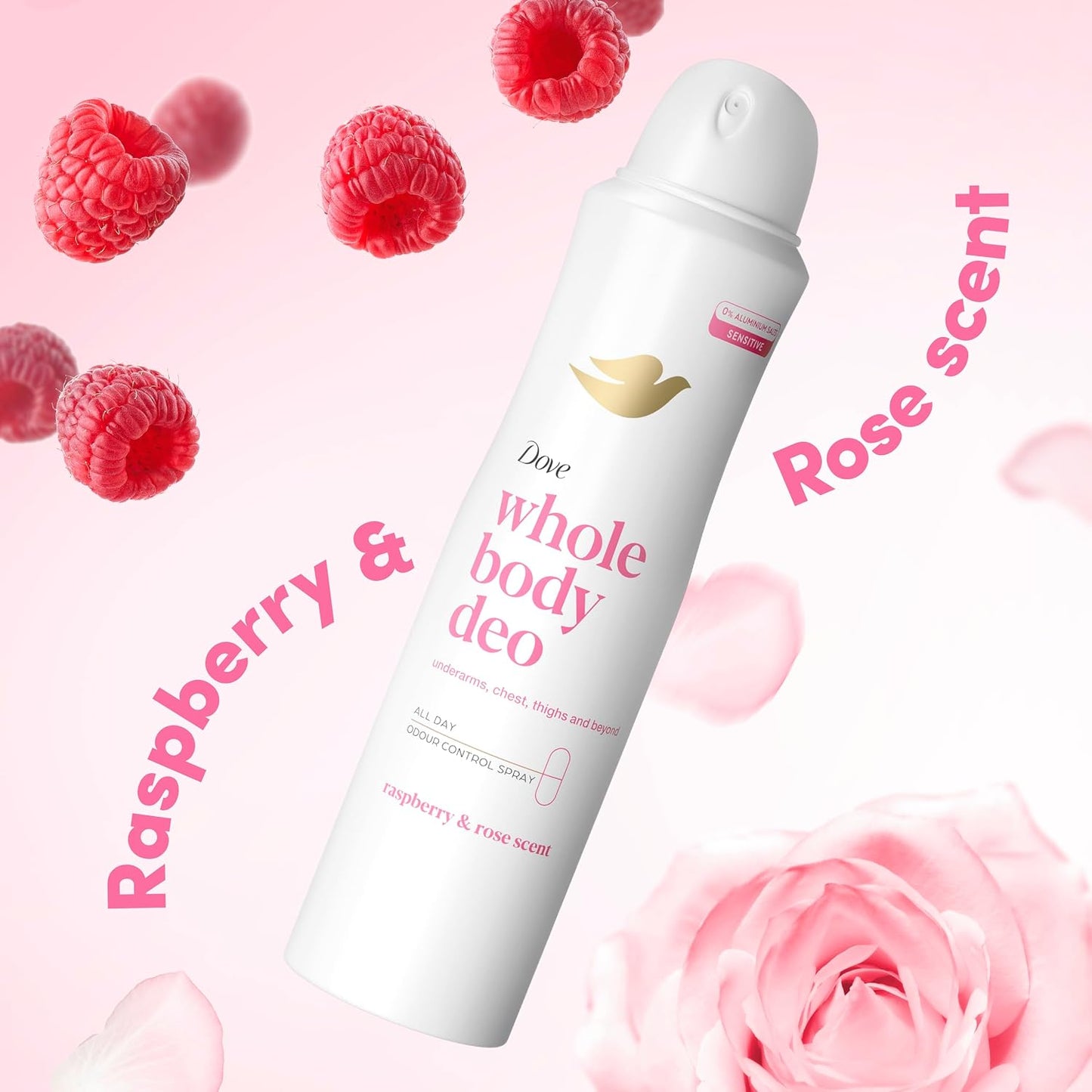 Dove Raspberry &amp; Rose Whole Body Deodorant Spray 0% aluminium deodorant for all-day odour control 150 ml