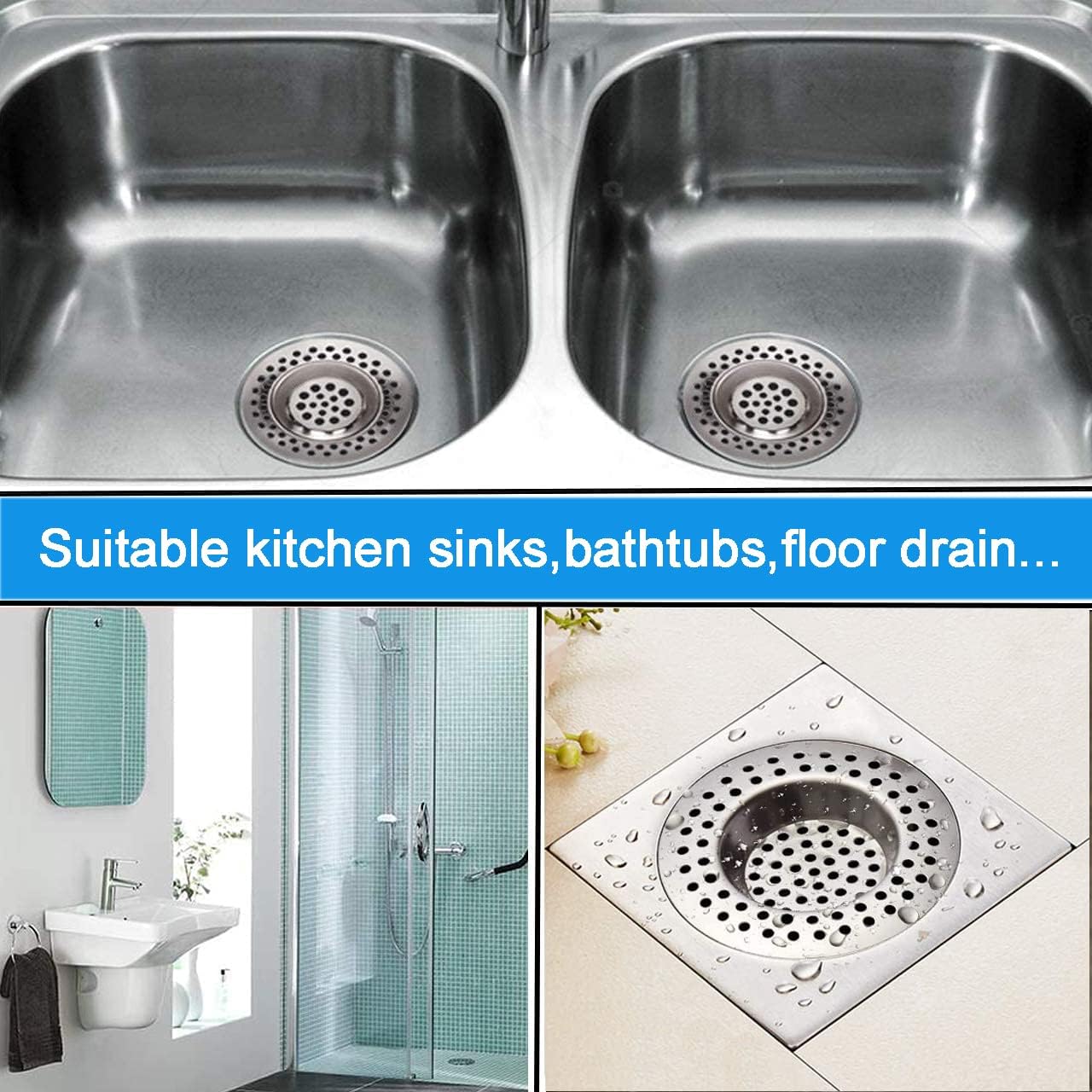 Set of 2 Stainless Steel Sink Strainer Plug, Drain Protector for Kitchen, Bathroom, and Shower - Hair/Food Catcher (7.5cm Outer Diameter, 3.6cm Inner Diameter)