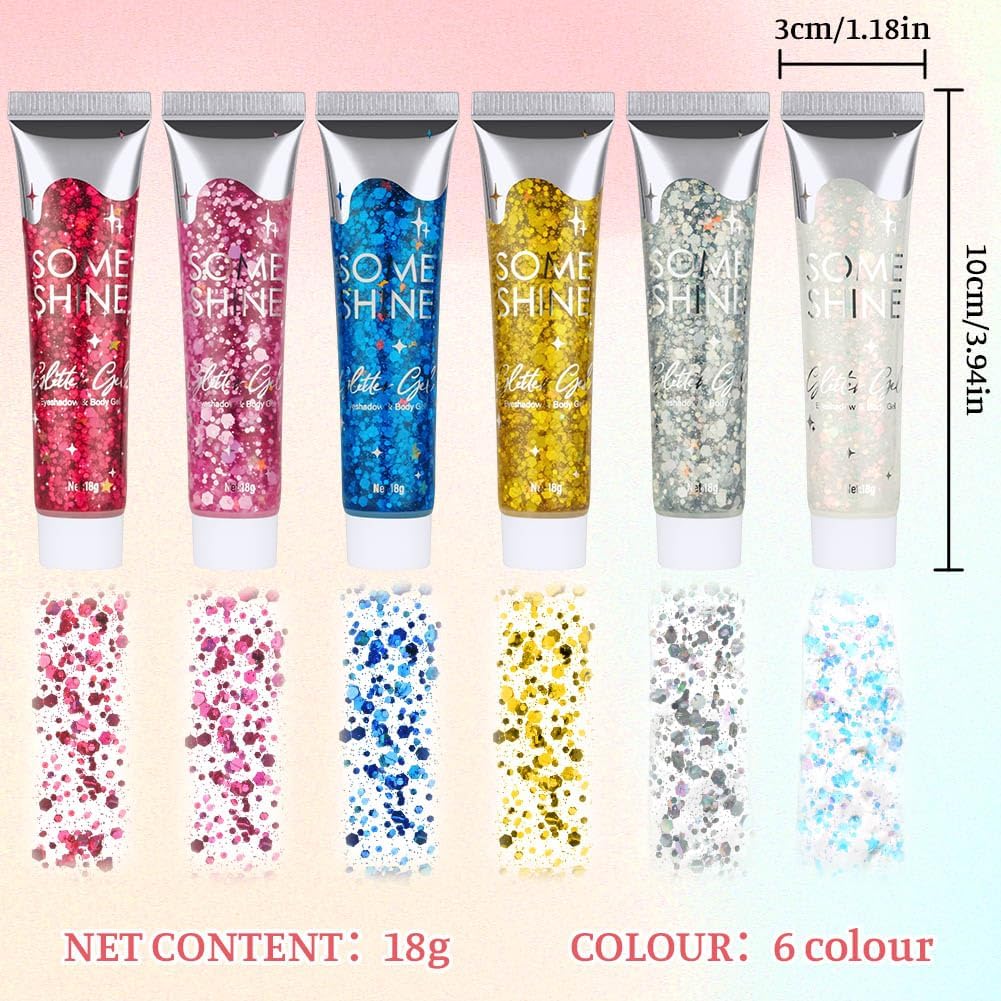 Body Glitter Gel, 18ml Chunky Face Glitter Gel Holographic Mermaid Sequins Sparkling Festival Party Lotion for Face, Eye, Hair, Nail Makeup and DIY Art (Gold)