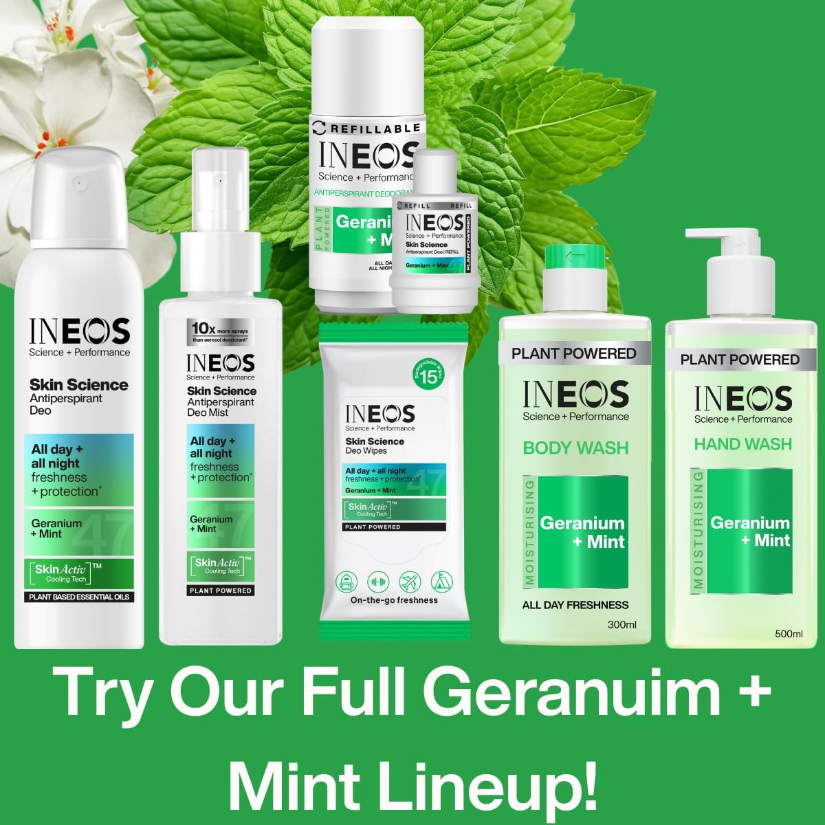 INEOS Skin Science - All Day + All Night 24H Freshness + Protection Antipersprirant Deodorant Roll On Geranium + Mint - With SkinActiv Cooling Tech™ - Plant Powered 50ml
