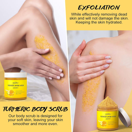 Turmeric and Vitamin C Body Scrub, Exfoliating Scrub, Remove Dead Skin Improve Dark Spots Acne, Natural Deep Cleansing, Exfoliator for Body Butt Bikini Area, Body Care for Men Women, with Loofah