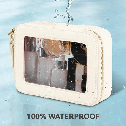 Prite Clear Makeup Bag Cosmetic Case Travel Toiletry Bag, Beige, Standard | Three Sizes, Water-resistant, Tsa Approved, See Through, Car Essentials, Vegan Leather, Transparent PVC, Gift Box Packaging