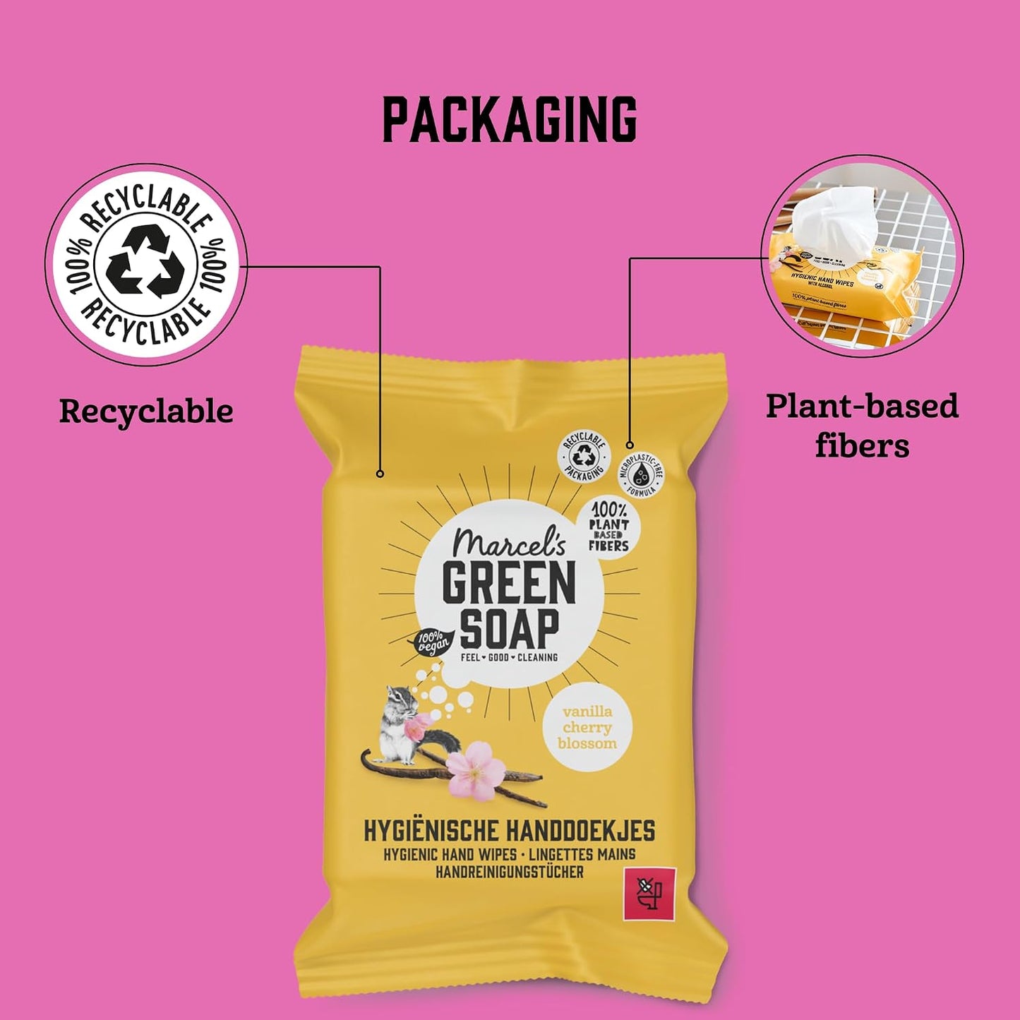 Marcel's Green Soap - Hygienic Hand Wipes Vanilla &amp; Cherry Blossom - Microplastic-free formula - Vegan - 15 wipes