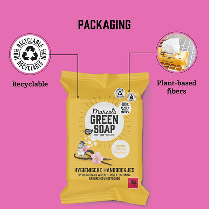 Marcel's Green Soap - Hygienic Hand Wipes Vanilla &amp; Cherry Blossom - Microplastic-free formula - Vegan - 15 wipes