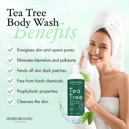 Antibacterial Body Wash with Tea Tree Oil - Anti-Fungal Shower Wash for Men - Effective Against Jock Itch, Athlete's Foot - Tea Tree Shower Gel for Cleansing and Protection