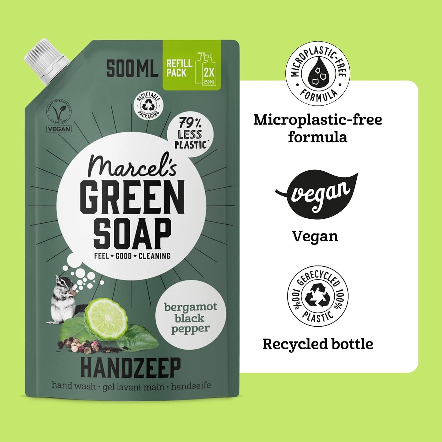 Marcel's Green Soap - Hand Soap Refill Black Pepper &amp; Bergamot - Handwash Dispenser Refill - Microplastic-free formula - Vegan - Packaging recyclable - 500 ml