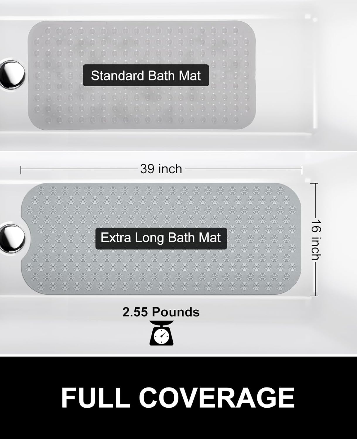 Yolife No Suction Cup Bath Mat: 40x100CM Extra Long Bathmat│Perfect for Refinished or Ordinary Bath Tubs│Made of Nature Rubber│a Blessing for the Elderly and Children (Grey)