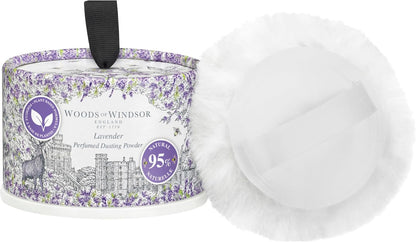 Woods of Windsor Lavender Dusting Powder with Body Puff Floral Talc Alternative Body Powder for Odour Control &amp; Chafing Prevention, 95% Naturally Derived, Vegan &amp; Cruelty Free 100g /3.5oz