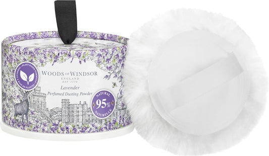 Woods of Windsor Lavender Dusting Powder with Body Puff Floral Talc Alternative Body Powder for Odour Control &amp; Chafing Prevention, 95% Naturally Derived, Vegan &amp; Cruelty Free 100g /3.5oz