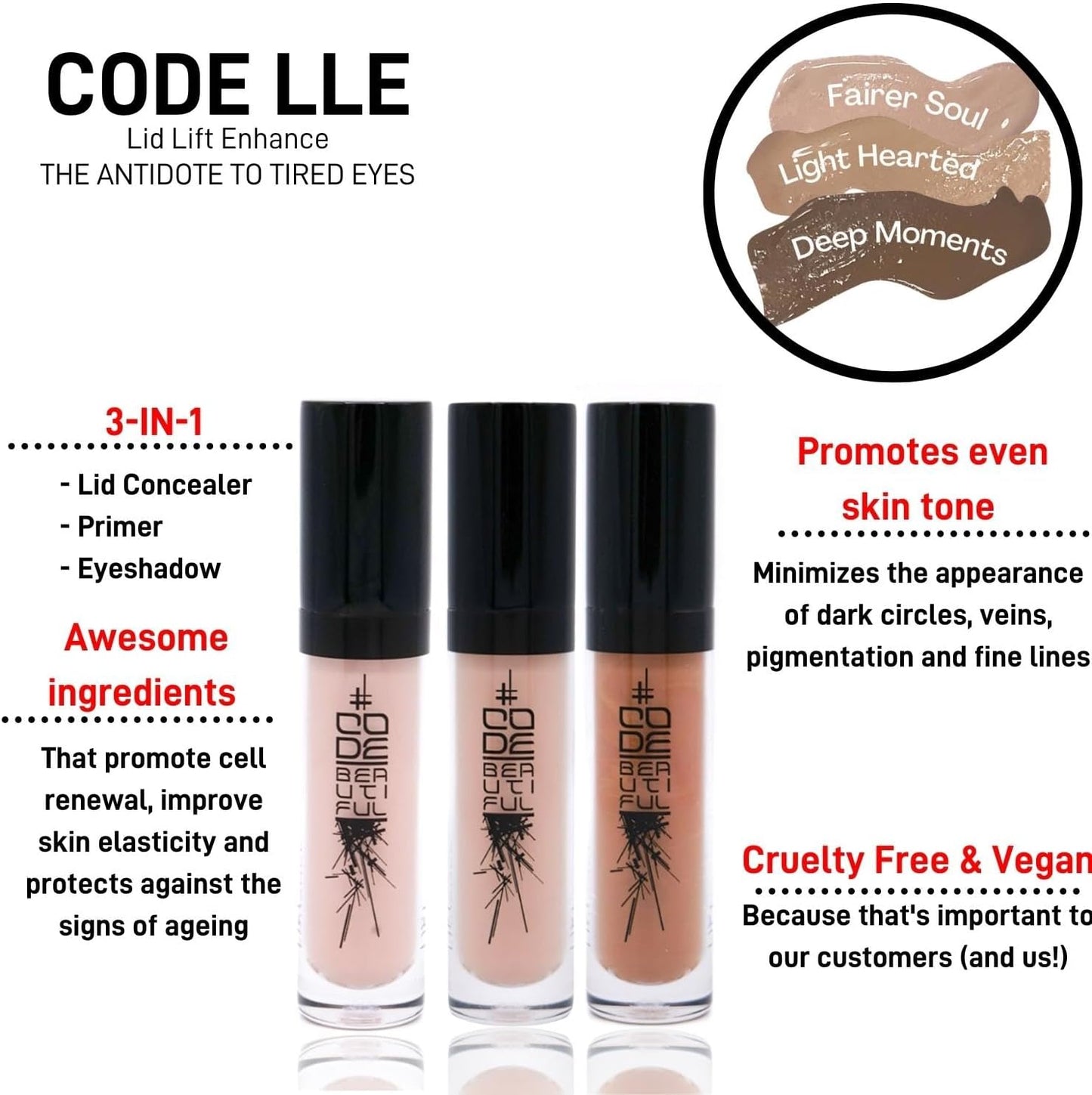 CODE Beautiful Eye Primer and Under Eye Concealer | Eye concealers | Eyeshadow Primer | Eye Lift - The Antidote To Tired Eyes | Vegan &amp; Cruelty Free | LLE Lid Lift Enhance (Fairer Soul)
