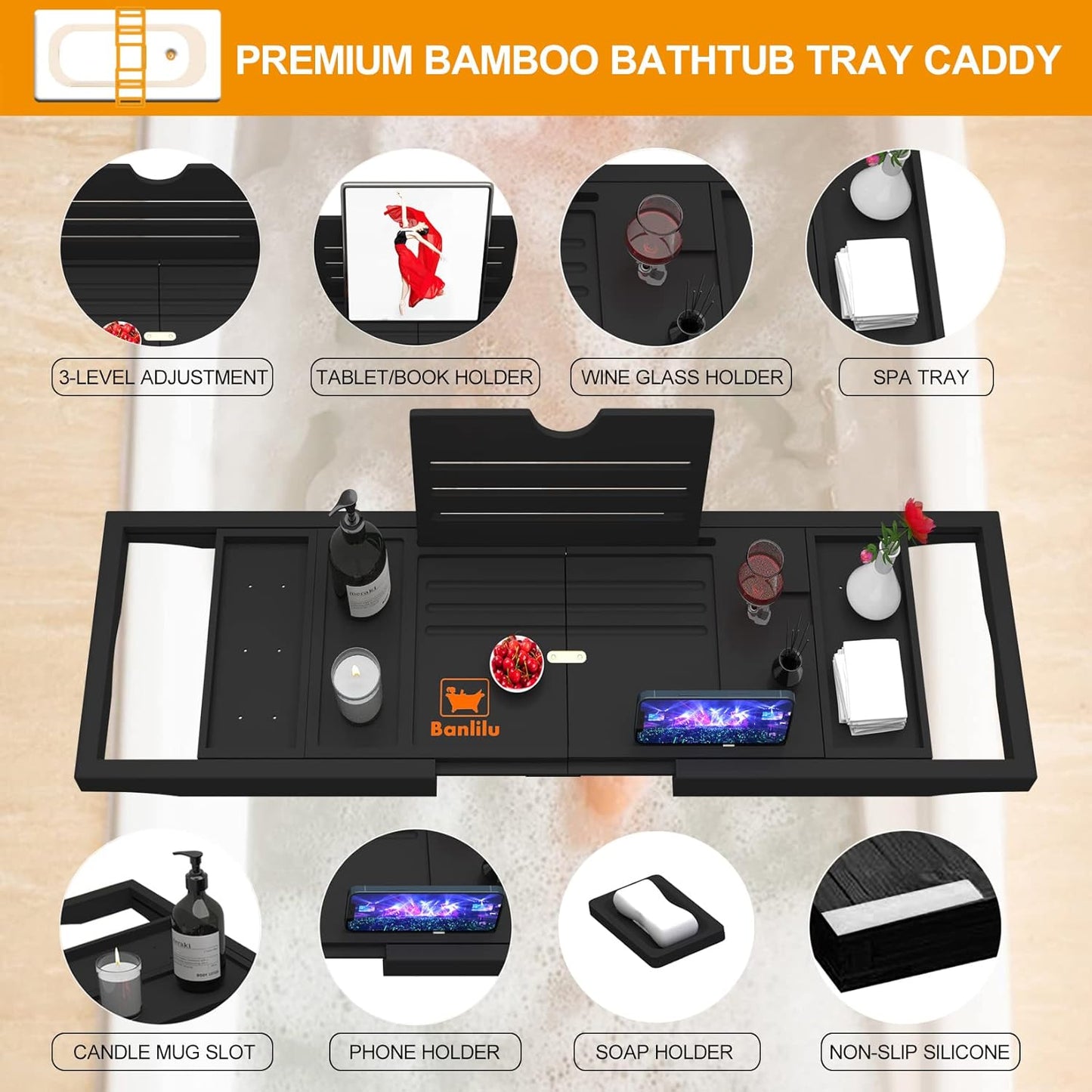 Premium Bathtub Tray Caddy - Expandable Bath Tray - Adjustable Bathroom Tray for Tub - Luxury Bath Caddy Tub Table - Unique House Warming Gifts New Home