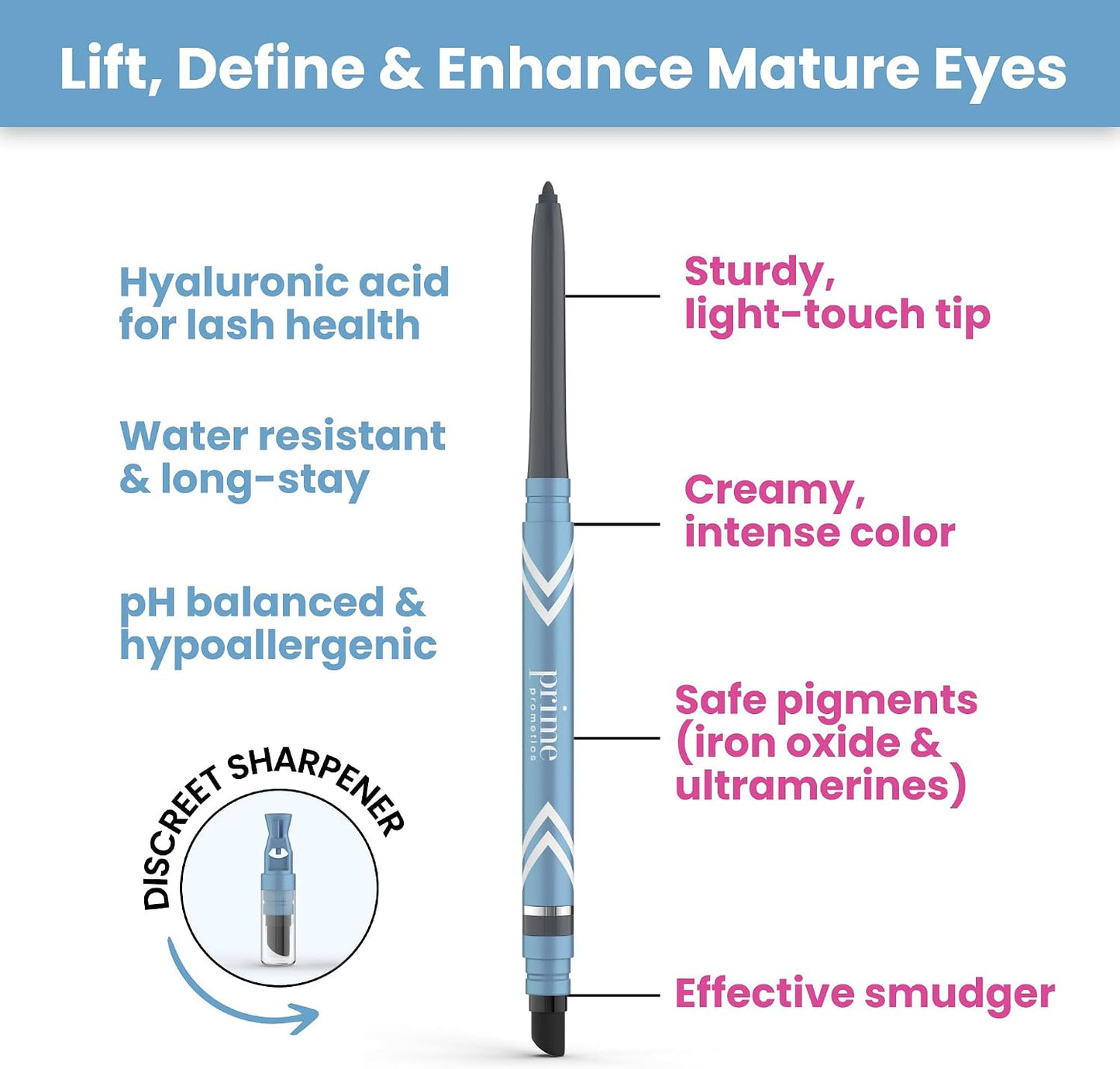 Prime Prometics PrimeEyes Glide Eyeliner for Mature Women – Water-Resistant, Long-Stay and Mess-Proof – Gel Cream Texture, Discreet Sharpener and Effective Smudger (Wood (Brown))