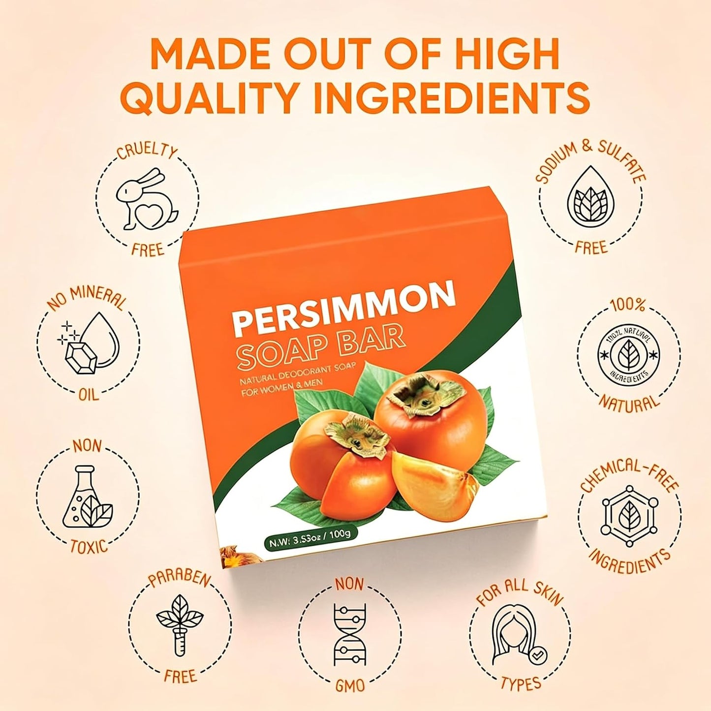 3-Pack Persimmon Soap Bars for Odour Control with Green Tea Extract, Handmade Deodorising Soap for Men &amp; Women, Deep Cleansing Face &amp; Body Bar