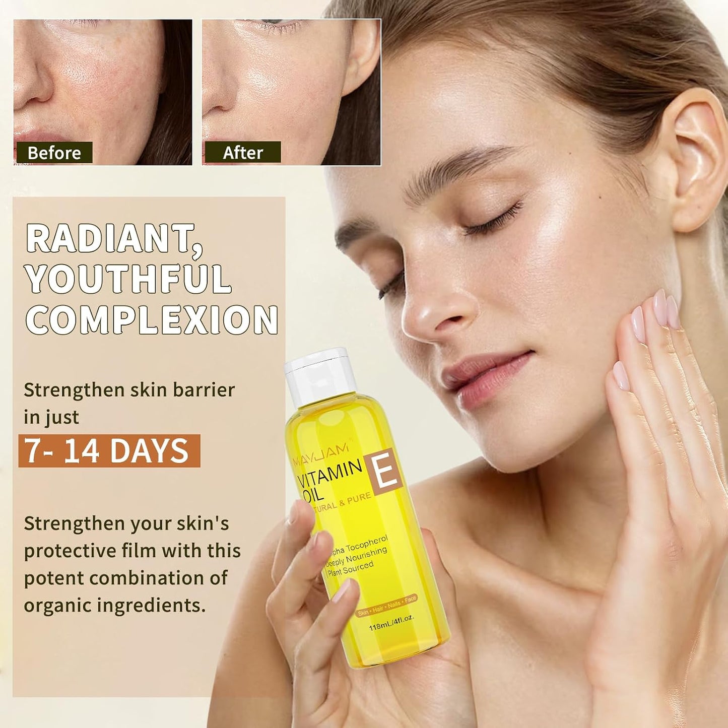 MAYJAM Vitamin E Oil - 118ML - Pure and Natural Vitamin E Oil for Skin, Strengthens and Moisturizes Hair, for Dryness, Wrinkles, Uneven Skin Tone
