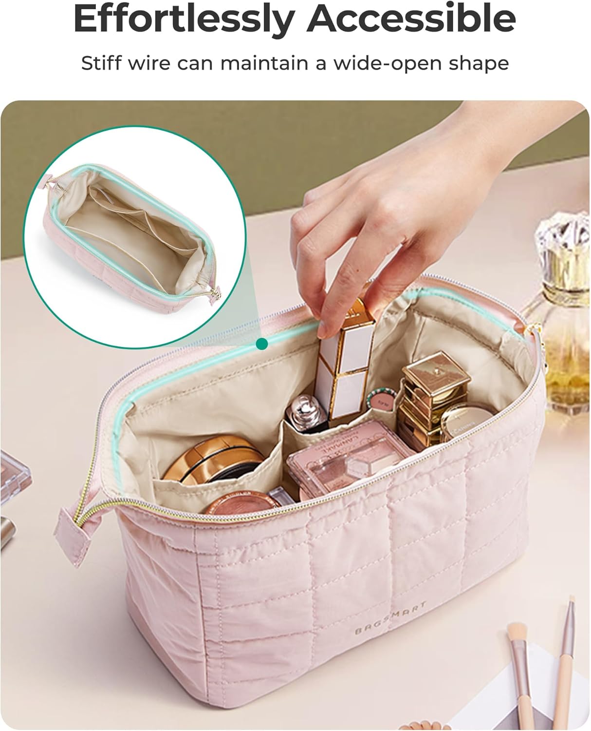 BAGSMART Makeup Bag Travel Cosmetic Bag, Puffy Padded Make Up Bags for Women Large Capacity Makeup Organizer Case, Wide-Open Pouch Purse Travel Essentials Toiletries Accessories Brushes, Pink