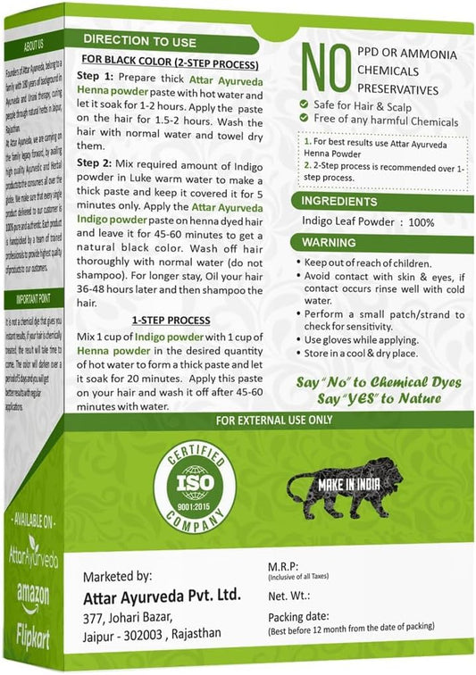 Attar Ayurveda Natural Indigo Powder 200g, 100% Pure Hair Dye, Chemical-Free Herbal Colour for Black &amp; Dark Brown Hair, Ammonia-Free, PPD-Free, Vegan Organic Hair Colouring Powder