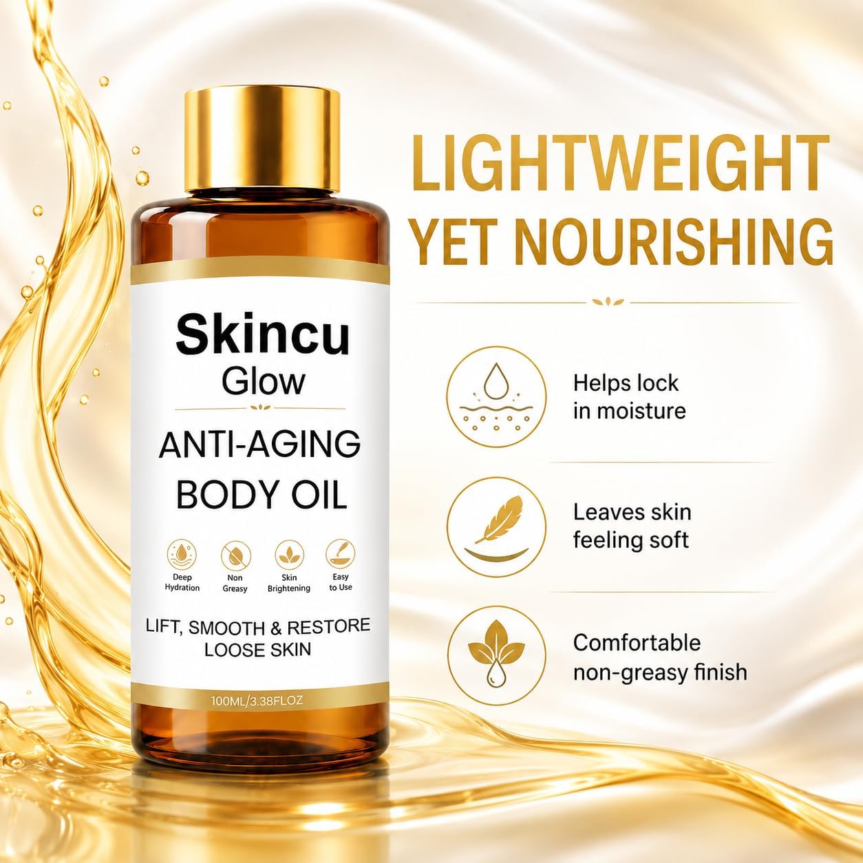 Skincu Anti Aging Body Oil for Women, Firming Body Oil for Dry Mature-Looking Skin, Lightweight Non Greasy Moisturising After Shower Massage Oil 100ml