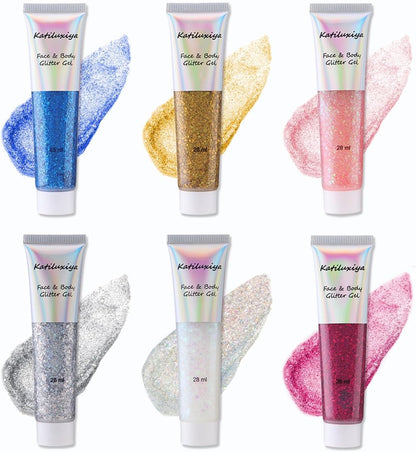6 Color Face Girl Body Glitter Gel, Face &amp; Body &amp; Eye &amp; Lip Festival Holographic Glitter for Party (6PCS)