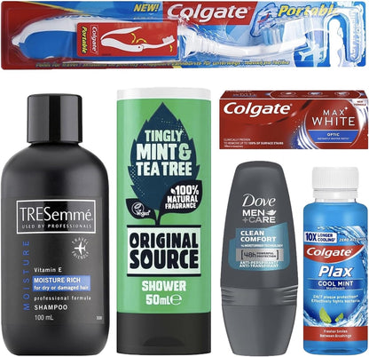 Men’s Travel Toiletries Set– Airport Security Approved, Clear Travel Bag, Shampoo, Shower Gel, Anti-Perspirant Roll On Deodorant, Toothpaste, Mouthwash, Foldable Toothbrush. Perfect For Holidays