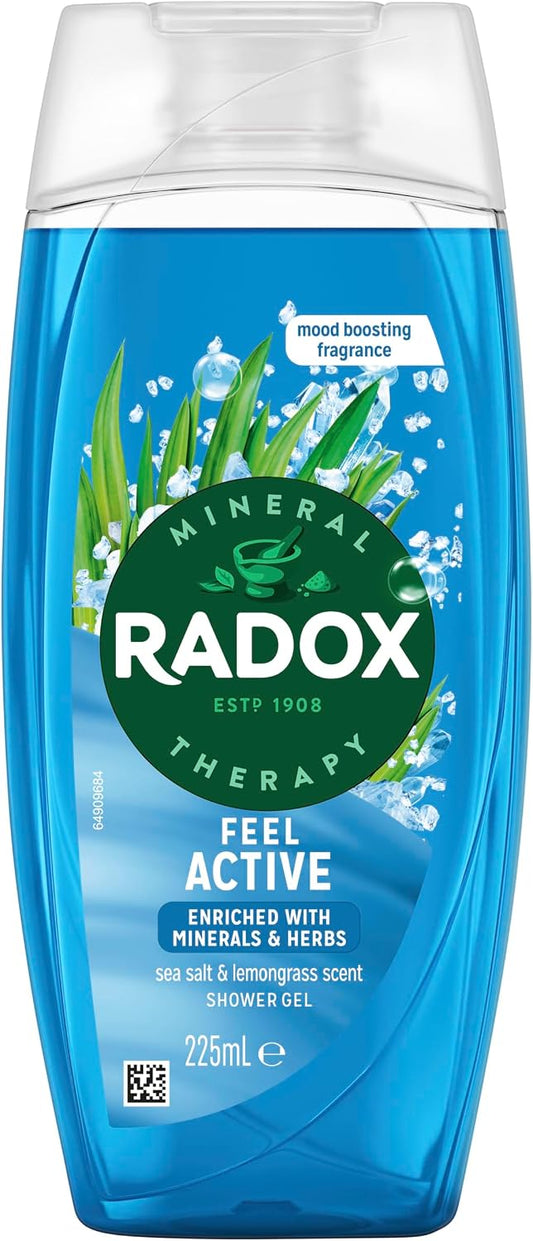 Radox Mineral Therapy Feel Active Body Wash Shower Gel uniquely blended with herbs, minerals, and a sea salt &amp; lemongrass fragrance for a refreshing experience 225 ml, Pack of 6
