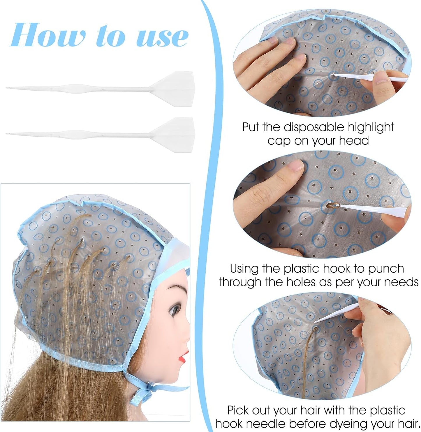 2 Pcs Highlighting Cap, Blue Hair Highlighting Cap with Hook for DIY Coloring, Frosting &amp; Highlights, Salon &amp; Home Use