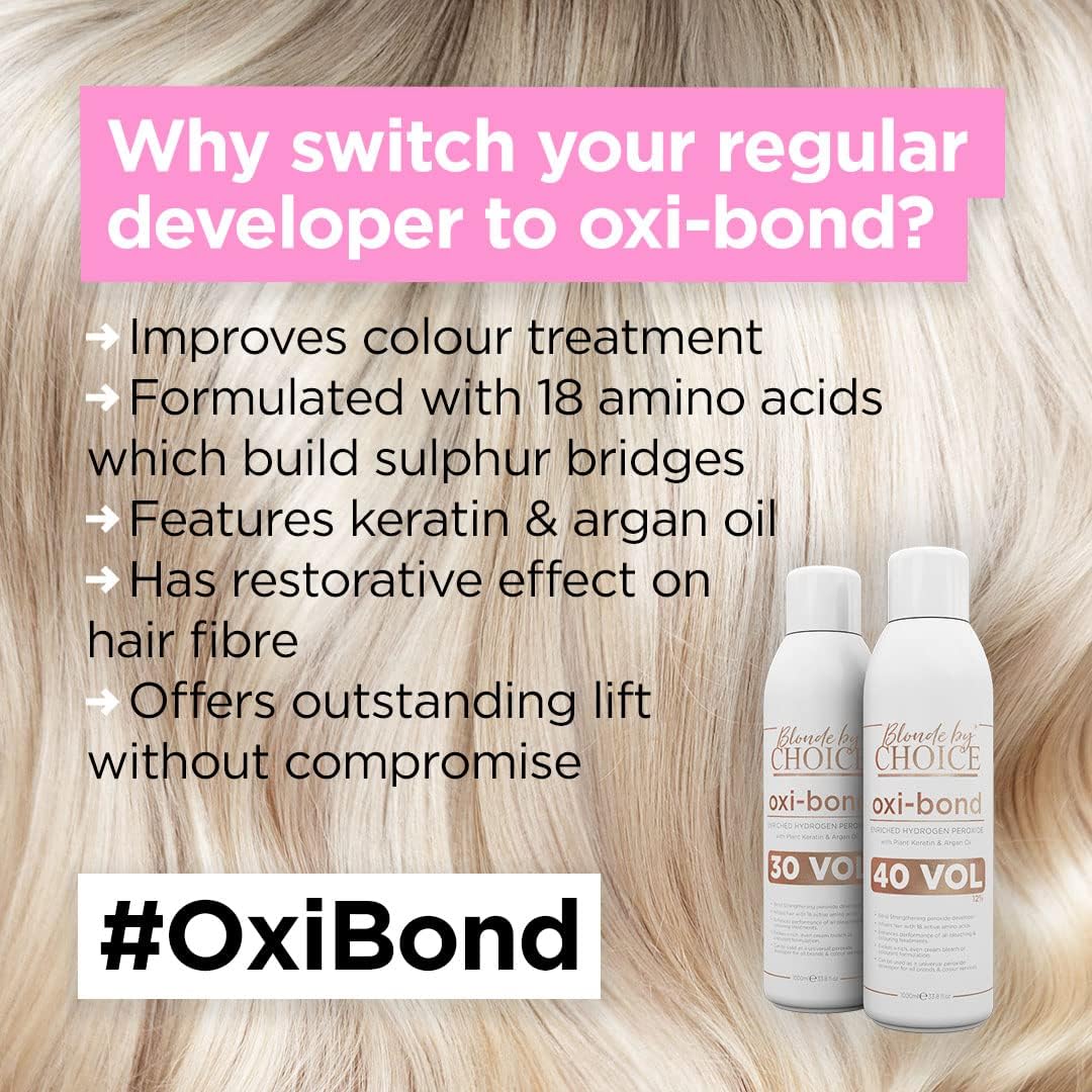 Blonde By Choice Oxi-bond 40 Vol Developer Enriched 12% Hydrogen Peroxide with Keratin, Argan Oil &amp; Amino Acids. Mix Hair Bleach Powder And Peroxide to Improve Hair Colouring or Bleaching 1000ml