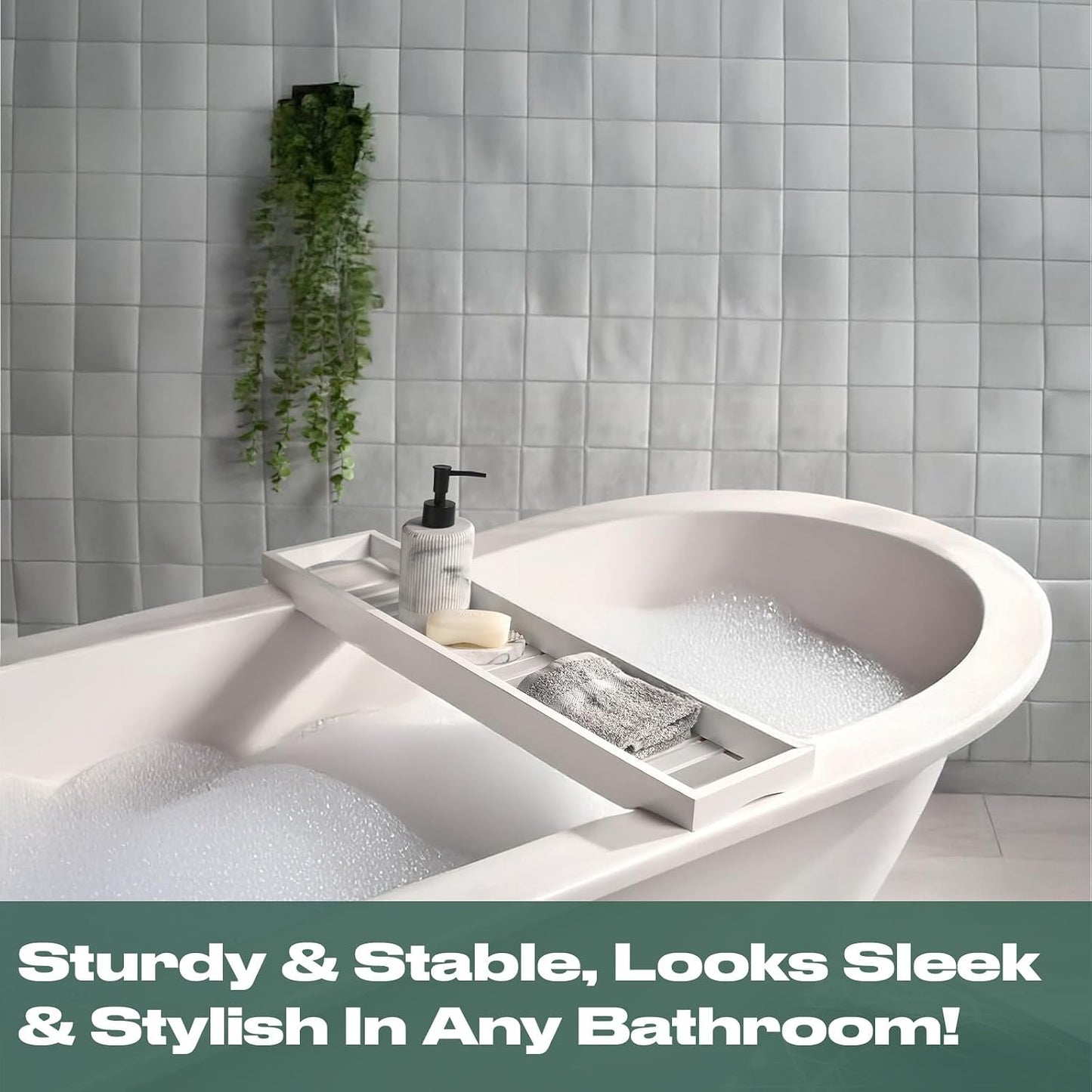 OHS Bath Trays for Across The Bath, Home Spa Bath Caddy Bamboo Bath Tray Wooden Bath Table Organiser Candles Wine Glass Books Shelf Over Bath for Accessories, White