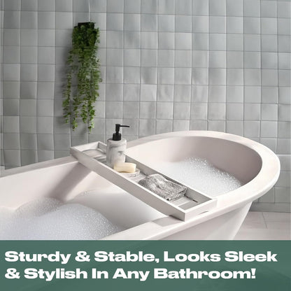 OHS Bath Trays for Across The Bath, Home Spa Bath Caddy Bamboo Bath Tray Wooden Bath Table Organiser Candles Wine Glass Books Shelf Over Bath for Accessories, White