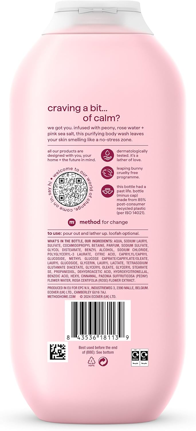 Method Body Wash, Pure Peace, Shower Gel, Peony, Rose Water And Pink Sea Salt Scent, Pack of 1, 532ml.
