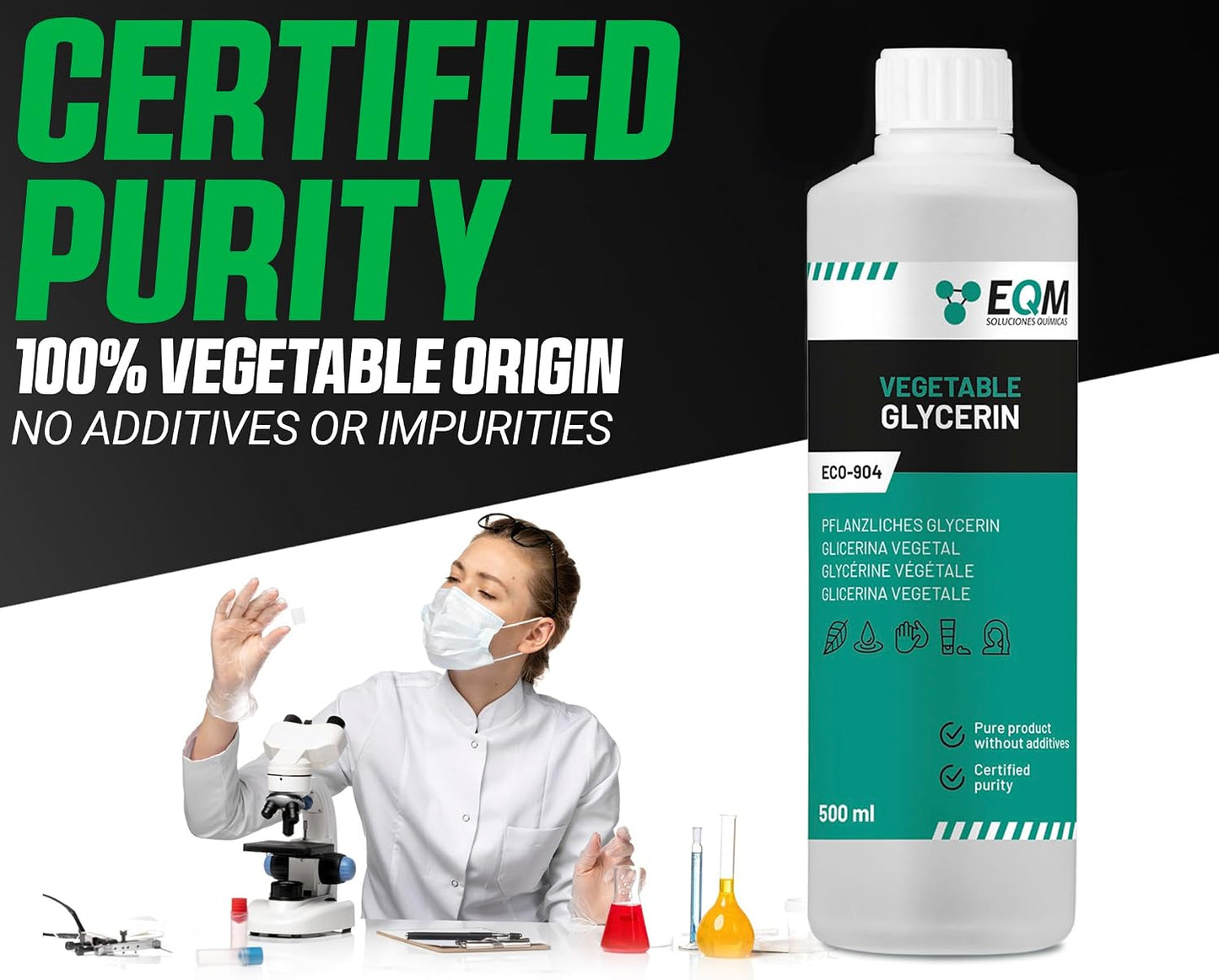 EQM - ECO-904 - Liquid Vegetable Glycerin - 100% Pure &amp; Natural - 500 ml - Pharmaceutical Grade - Natural Moisturizer for Hair and Skin - Ideal for Soaps, Shampoos, Creams, etc