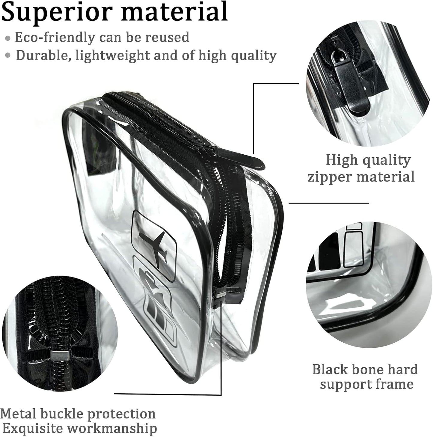 Clear Travel Toiletries Bag, 2 Pcs TSA Approved Toiletry Bag with Zippers Travel Accessories Portable Waterproof Cosmetic Clear Makeup Bag for Women and Men (Black)