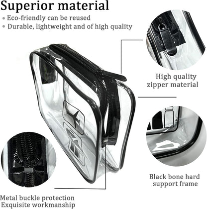 Clear Travel Toiletries Bag, 2 Pcs TSA Approved Toiletry Bag with Zippers Travel Accessories Portable Waterproof Cosmetic Clear Makeup Bag for Women and Men (Black)