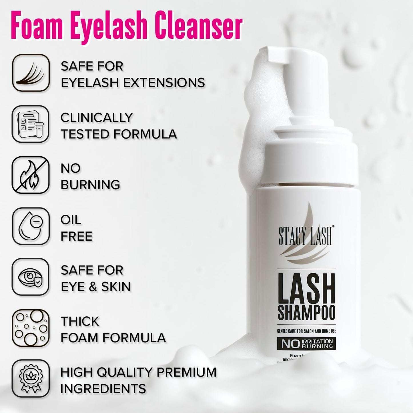 Lash Shampoo 50ml Kit by STACY LASH Foaming Cleanser with Eye Lash Spoolies &amp; Rinse Bottle &amp; Cleansing Pad &amp; Brush for Eyelash Extensions &amp; Clusters &amp; Natural Eyelashes
