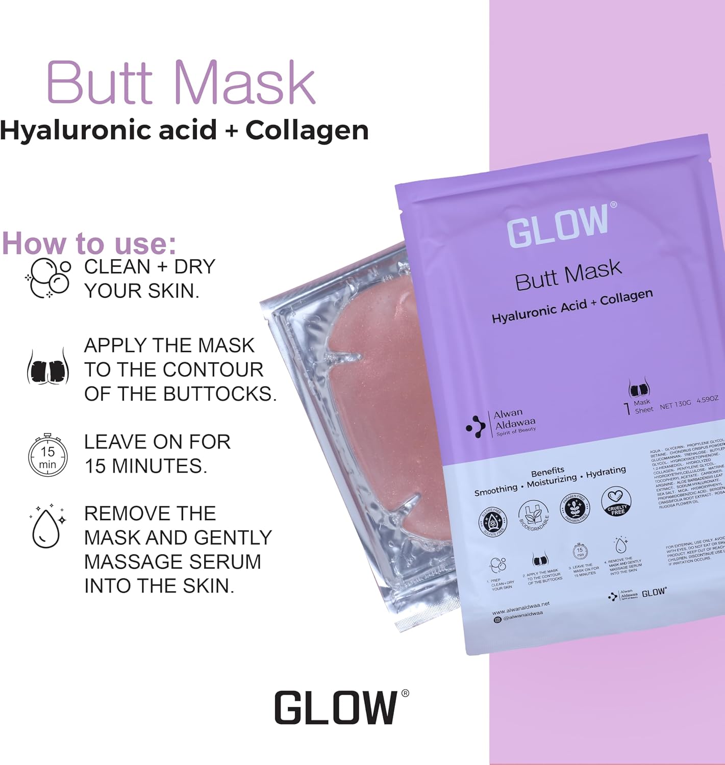 GLOW Butt Mask for Buttocks with Hyaluronic Acid &amp; Collagen - Hydrating, Soothing &amp; Moisturising Hydrogel Body Mask, 1 Mask Sheet