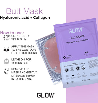 GLOW Butt Mask for Buttocks with Hyaluronic Acid &amp; Collagen - Hydrating, Soothing &amp; Moisturising Hydrogel Body Mask, 1 Mask Sheet