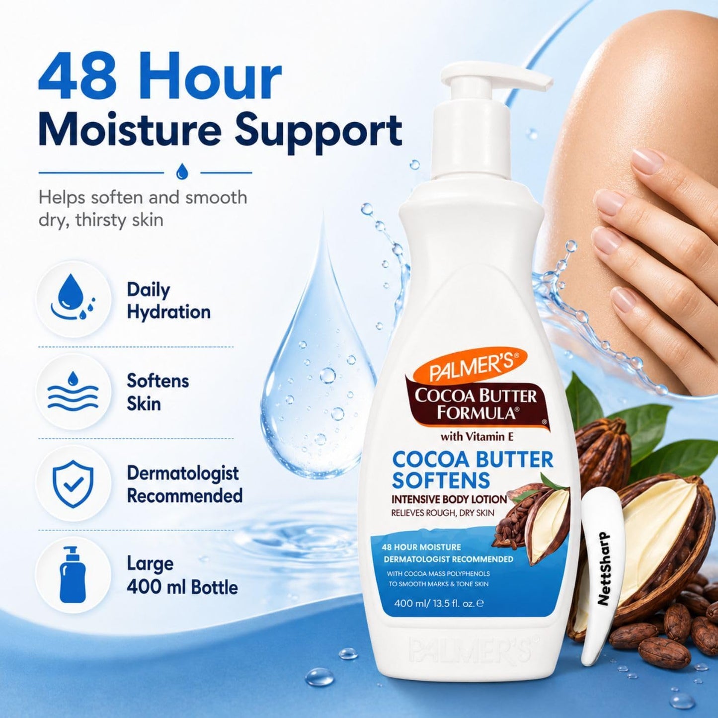 Palmer's Cocoa Butter Body Lotion 400ml with Pump and Cosmetic Spatula – Daily Moisturiser with Vitamin E for Dry Skin – 48Hr Hydration, Smoothes Marks and Evens Skin Tone