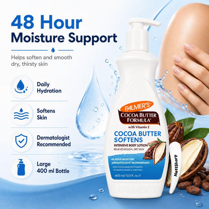 Palmer's Cocoa Butter Body Lotion 400ml with Pump and Cosmetic Spatula – Daily Moisturiser with Vitamin E for Dry Skin – 48Hr Hydration, Smoothes Marks and Evens Skin Tone